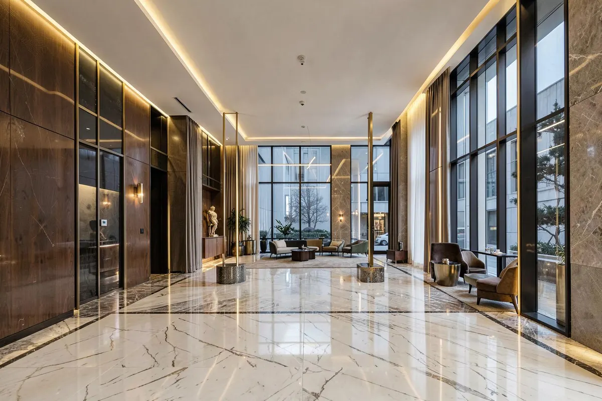 Modern commercial property lobby for Urban Hub Realty property management, Kolkata